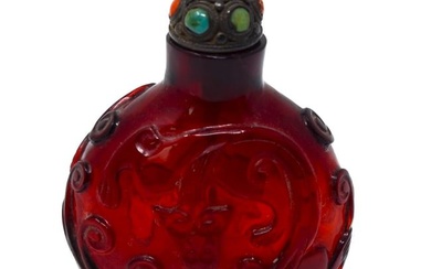 Chinese ruby glass snuff bottle with Chilong