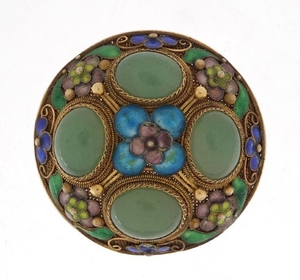 Chinese silver gilt and enamel brooch set with four green ja...