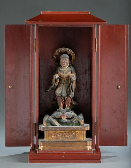 Chinese travelling shrine, deity in wood box.