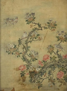 Chinese watercolour on silk, depicting birds of paradise amo...