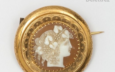 Chiseled yellow gold brooch, adorned with a shell cameo representing the profile of a woman with hair decorated with vine branches. Diameter: 3.2cm. Gross weight: 5g.
