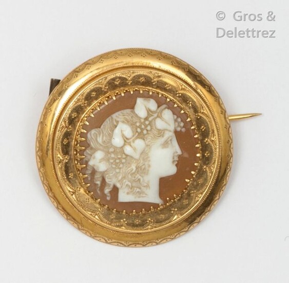 Chiseled yellow gold brooch, adorned with a shell cameo representing the profile of a woman with hair decorated with vine branches. Diameter: 3.2cm. Gross weight: 5g.