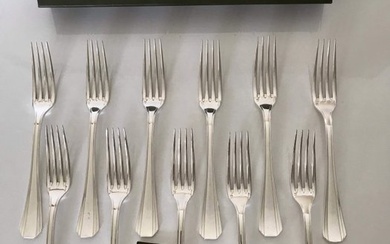 Christofle Luc Lanel - Fork - Set of 12 Art Deco dinner forks, Boréal model - Silverplate