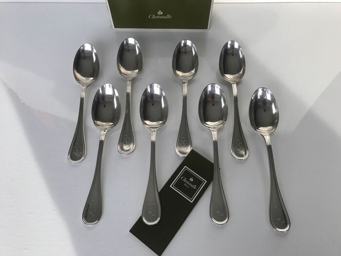 Christofle modèle Albi - Monogramme "SL" - Dessert spoons (8) - Silverplate