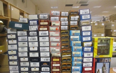 Collection of OO gauge coaches, wagons and buildings, genera...