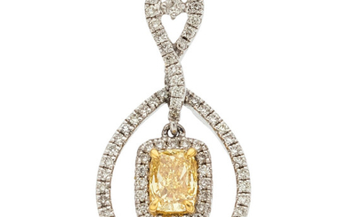 Colored Diamond, Diamond, Gold Pendant Stones: Cushion-shaped yellow diamond...