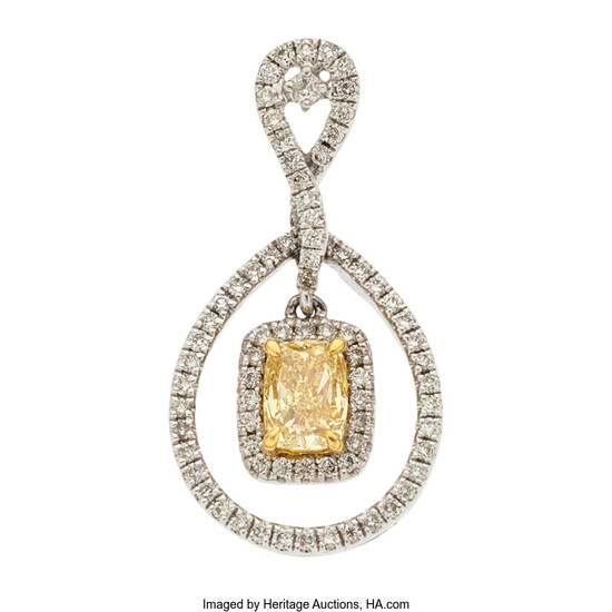 Colored Diamond, Diamond, Gold Pendant Stones: Cushion-shaped yellow diamond...