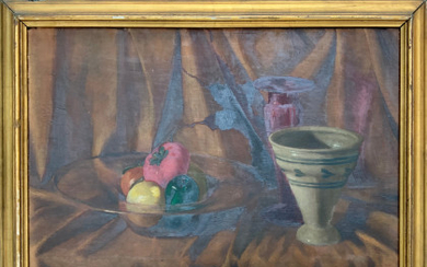 Giuseppe Talamoni ( Monza 1886 - Varese 1968 ) , "Composizione con frutta" olio su compensato (cm 50x70) Firmato in basso a sinistra. In cornice (difetti)
