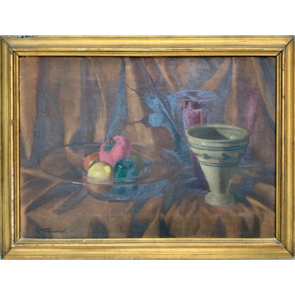 Giuseppe Talamoni ( Monza 1886 - Varese 1968 ) , "Composizione con frutta" olio su compensato (cm 50x70) Firmato in basso a sinistra. In cornice (difetti)