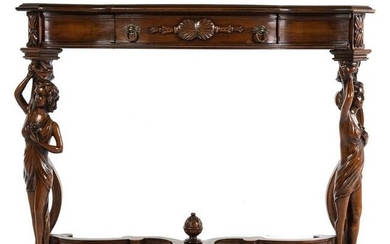 Continental Mahogany Figural Carved Console Table