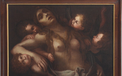 Copia da Francesco Cairo, fine del secolo XVII - inizio XVIII "Maddalena sorretta dagli angeli" olio su tela (cm 73x92)....