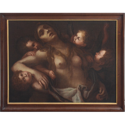 Copia da Francesco Cairo, fine del secolo XVII - inizio XVIII "Maddalena sorretta dagli angeli" olio su tela (cm 73x92)....