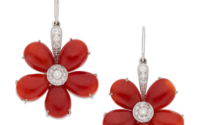 Coral, Diamond, White Gold Earrings The earrings feature pear-shaped...