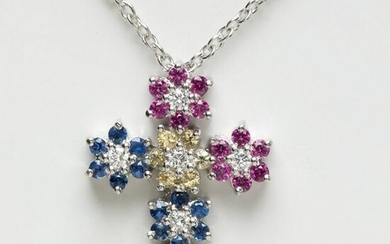 Cross with chain in 18k white gold. With rosettes of sapphires, round cut, in yellow, pink and blue