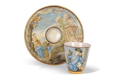 Cup and saucer, Castelli?, painted in the style of the Grue family, Italy, 18th century