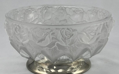 Czech Frosted Glass Rose Bowl On Silvered Foot