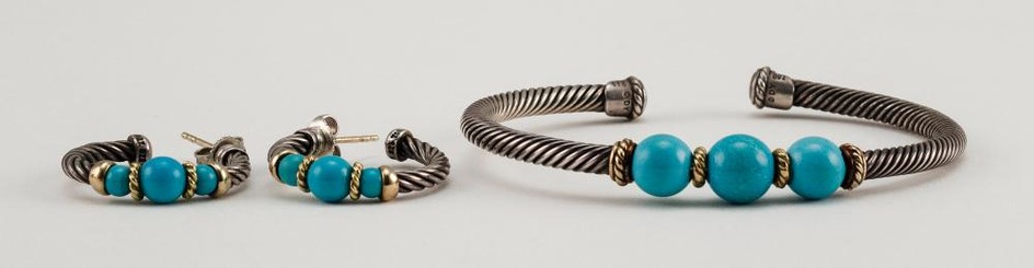 DAVID YURMAN STERLING SILVER, 18KT GOLD AND TURQUOISE CUFF BRACELET AND HOOP EARRINGS Each with three turquoise beads and gold space...