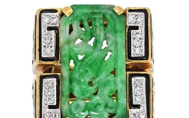 David Webb 18K Yellow Gold Black Enamel Carved Jade And Diamond Ring
