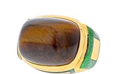 David Webb 18K Yellow Gold Tiger Eye High Polished Green Enamel Cocktail Ring