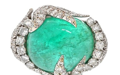 David Webb Platinum Cabochon Cut Green Emerald And Diamond Ring