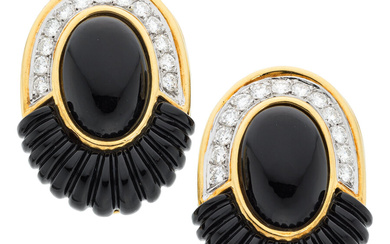 Diamond, Black Onyx, Gold Earrings Stones: Full-cut diamonds weighing...