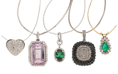 Diamond, Colored Diamond, Multi-Stone Gold Pendant-Necklaces The lot includes...