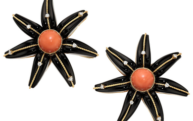 Diamond, Coral, Black Onyx, Gold Earrings Stones: Coral cabochons...