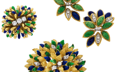 Diamond, Enamel, Gold Jewelry Suite The suite includes a...