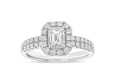 Diamond Rectangular Halo Engagement Ring In 14k White Gold 3/4ct Emerald Cut Center 1-1/5ctw