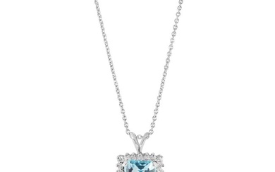 Diamond and Aquamarine Pendant Necklace in 14K White Gold