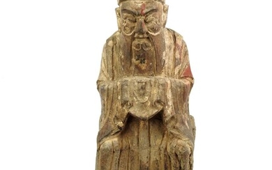 Dignitaire taoïste assis à reliquaire dorsal, CHINE. Bois, traces de polychromie. XIXème siècle. Haut :...