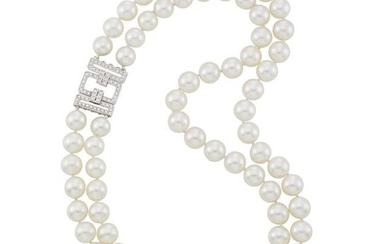Double Strand South Sea Cultured Pearl, White Gold and Diamond Necklace
