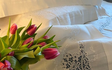 Double sheet in pure linen, hand embroidered Cantù lace. Italy - Vintage - Bed sheet (3) - 245 cm - 270 cm