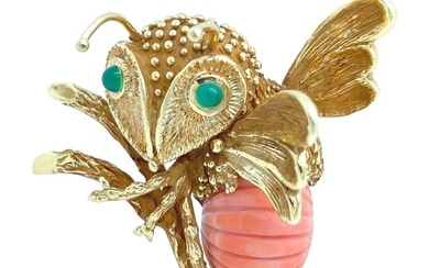 ERWIN PEARL Yellow Gold, Coral and Chrysoprase Bee Brooch