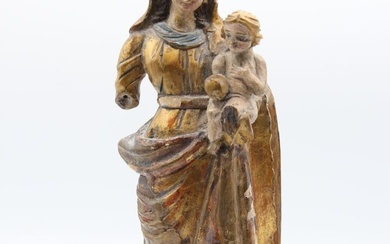 ESPAGNE Vierge à l'enfant en bois sculpté et polychromé. XVIIIè siècle. H: 28.5 cm. Manques....