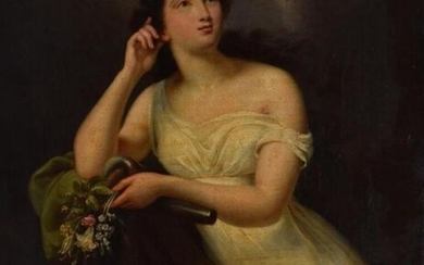 Ecole Romantique "Jeune femme aux fleurs" huile sur toile, porte une trace de monogramme en bas à gauche "CH " et datée 1837 - 44,5x38