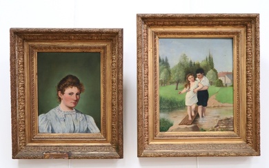Ecole de la fin du XIXe-début du XXe siècle Portrait de femme et Portrait d'enfants...