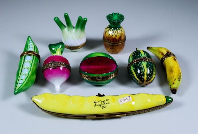 Eight Limoges Porcelain Fruit and Vegetable Trinket Box Models,...