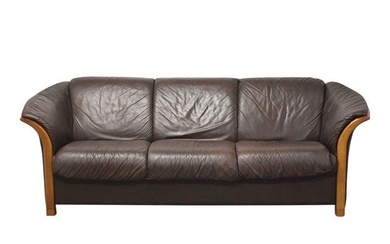 Ekornes Brown Leather and Teak Sofa