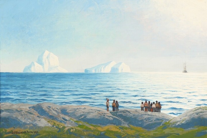 Emanuel A. Petersen: Inuits are watching for a ship. Signed Emanuel A. Petersen. Oil on canvas. 35×52 cm.