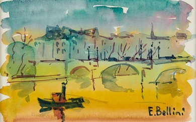Emmanuel BELLINI 1904-1989 PARIS, LE PONT NEUF Aquarelle signée en bas à droite A vue...