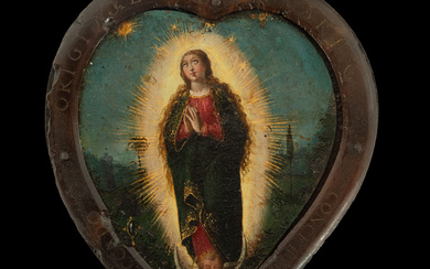 Exceptional colonial Nun's Necklace Pendant shield, New Spanish colonial work from the end of the 17th century, in oil-painted copper with a Heart-shaped tortoiseshell frame