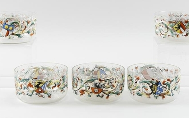 FIVE ENAMELED GLASS FINGER BOWLS Late 19th/Early 20th