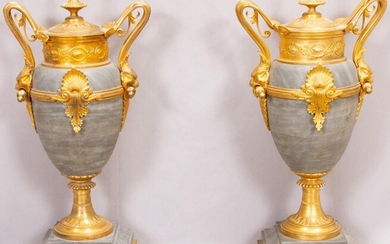 FRENCH EMPIRE DORE BRONZE & MARBLE URNS, PAIR