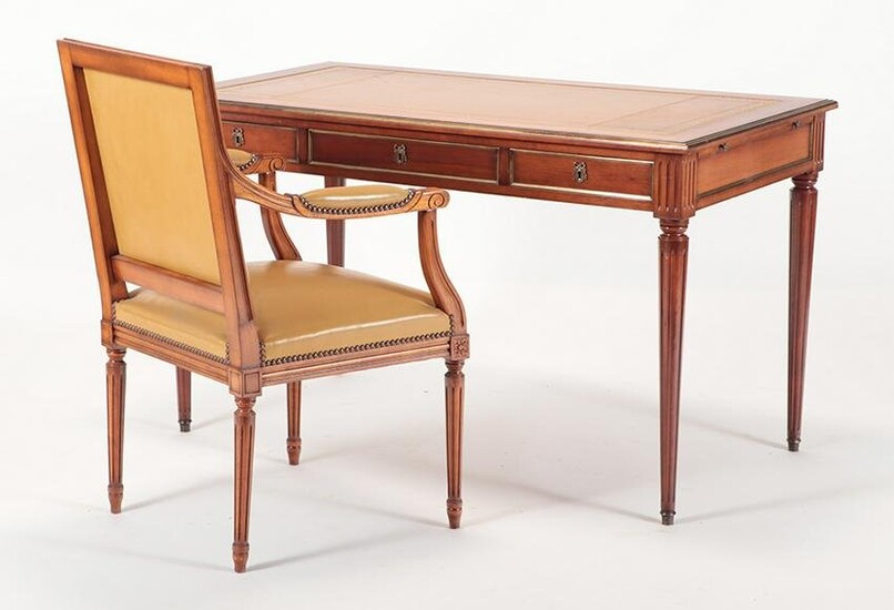 FRENCH LEATHER TOP MAHOGANY DESK WITH CHAIR C.1950