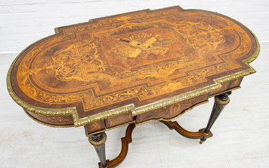 FRENCH MARQUETRY PARLOR TABLE, BRONZE MOUNTS 19TH.C. H 29" W 53" D 33"