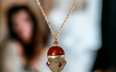 Fabergé - Brooch Antique Gold Guilloché red enamel ruby Egg Pendant, workmaster Feodor Afanasiev, Russe Circa 1900