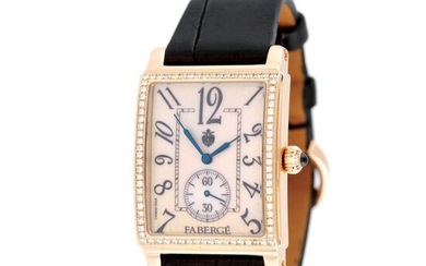Fabergé Nr: 6 wristwatch, rose gold, diamond-paved bezel, women, rose gold 18 k, 33 x 43 mm, 92 g (gross) / Women's Fabergé wristwatch, engraved on the back of the case: "Nr.: 6", automatic movement. Rose gold case, diamond-encrusted bezel, guilloché...