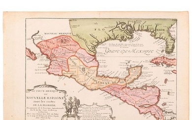 Fer, Nicolas de. Le Vieux Mexique ou Nouvelle Espagne avec les Costes de La Floride. Paris, 1705. Mapa grabado coloreado, 23 x 33 cm.
