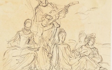 Fête galante. 18th c Drawing, graphite and Chinese...